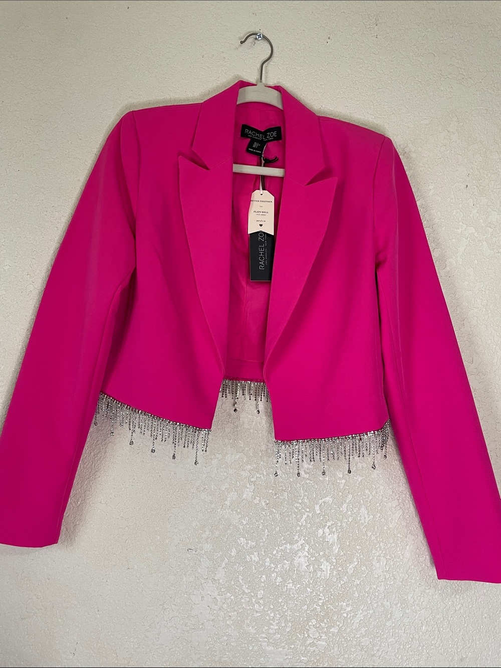 Rachel Zoe Women's Pink Cropped Blazer with Rhinestones Fringe